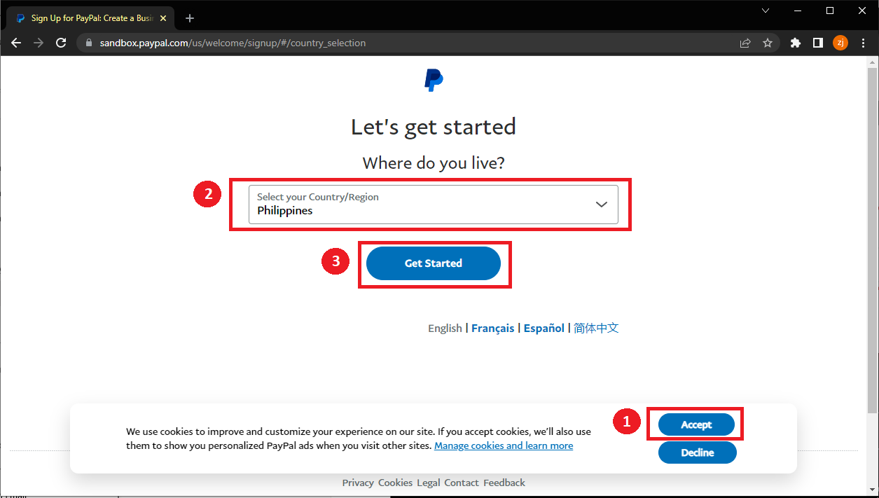 Paypal country selection page